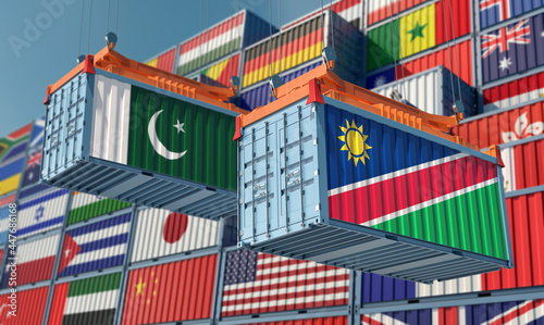 Freight containers with Namibia and Pakistan flag. 3D Rendering 