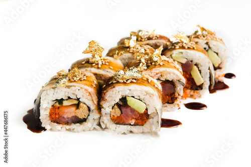 rolls with fish and filling on a white background