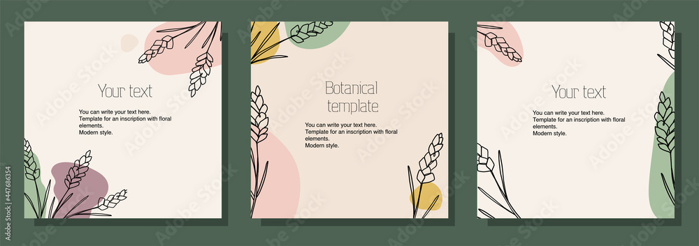 Illustration botanical set of square templates for postcards, cards, text placement. Minimalistic modern style.