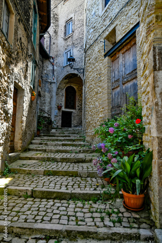 Fototapeta Naklejka Na Ścianę i Meble -  A street in the historic center of Carpineto Romano, a medieval town in the Lazio region.