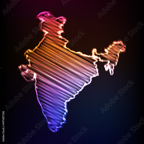 Map of India, Colored pencil and sketch lights design. Hand drawn scribble map on dark background. Vector illustration eps10.