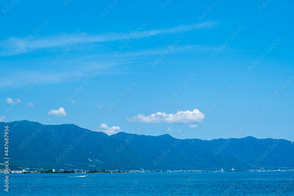風景素材　真夏の琵琶湖と山と青空