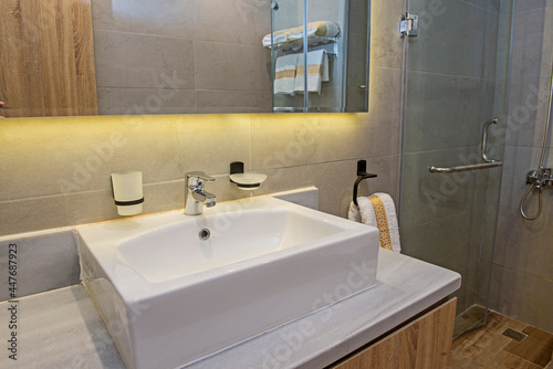 Interior design of bathroom in luxury apartment