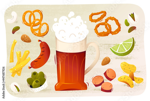A mug of beer surrounded by popular beer snacks: pretzels, nuts and sausages. Vector illustration