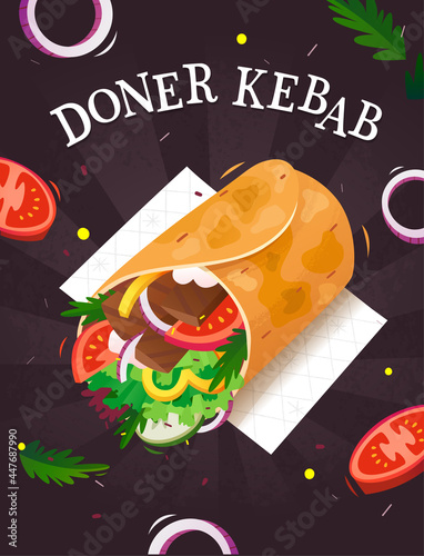 Poster template with doner kebab or shawarma and vegetables around it. Vector illustration