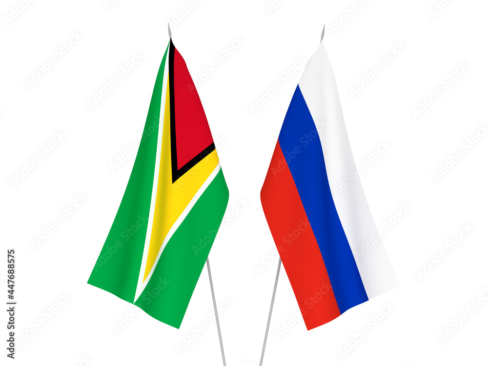 National fabric flags of Russia and Co-operative Republic of Guyana isolated on white background. 3d rendering illustration.