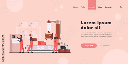 Factory workers and robotic arm removing packages from conveyor line. Engineer using computer and operating process. Vector illustration for business, production, machine technology concepts