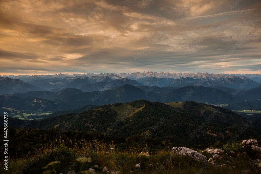 Fototapeta premium Sunrise panorama view at Benediktenwand mountain, Bavaria, Germany
