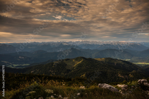 Sunrise panorama view at Benediktenwand mountain  Bavaria  Germany