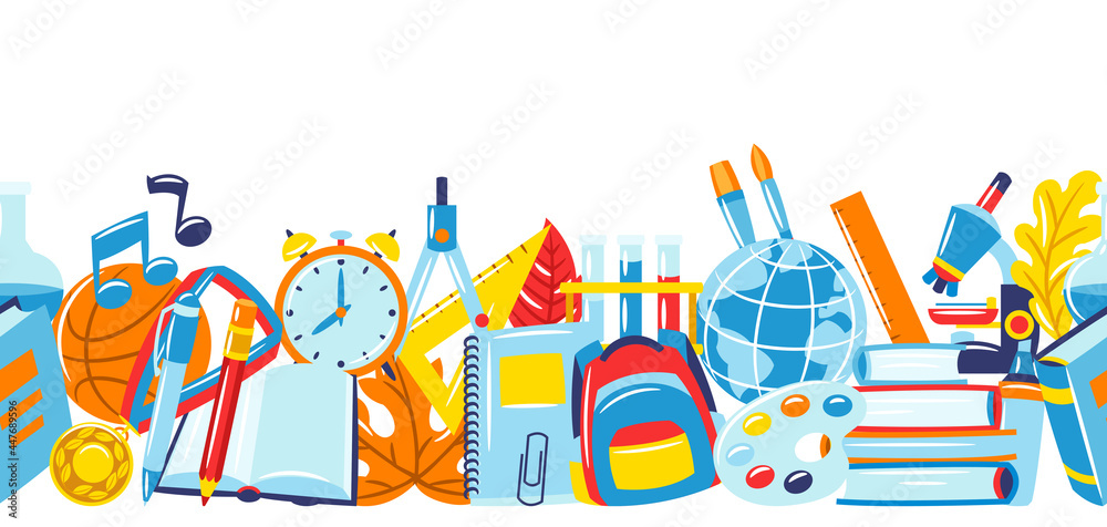 School seamless pattern with education items. Supplies and stationery background. School seamless pattern with education items. Supplies and stationery background.