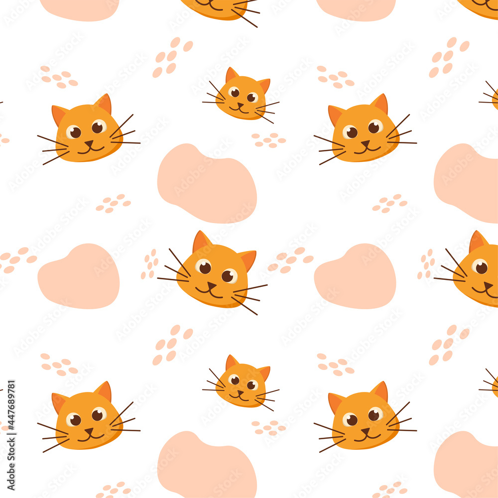 Seamless pattern. Head of orange baby cat. Cute ginger cat character in cartoon style. Vector illustration 8 eps