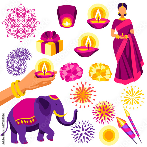 Happy Diwali traditional symbols collection. Deepavali or dipavali festival of lights.