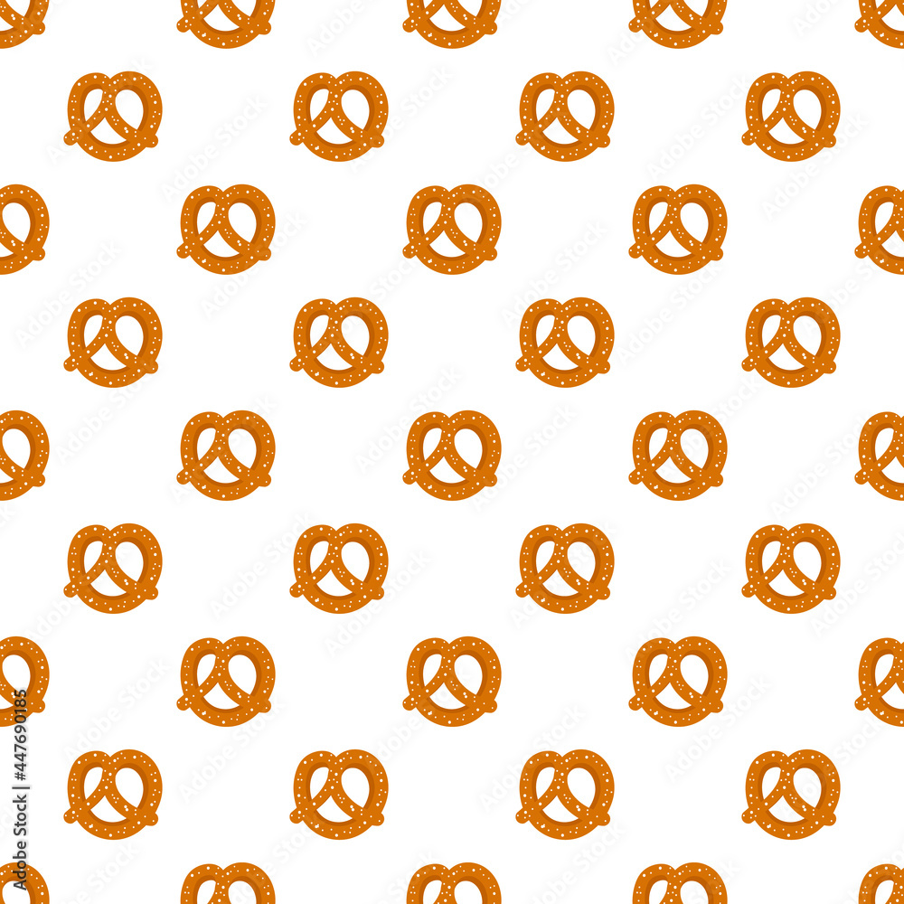 Cute cartoon style small salty pretzel, knot-shaped baked pastry vector seamless pattern background.
Cute cartoon style small salty pretzel, knot-shaped baked pastry vector seamless pattern background.