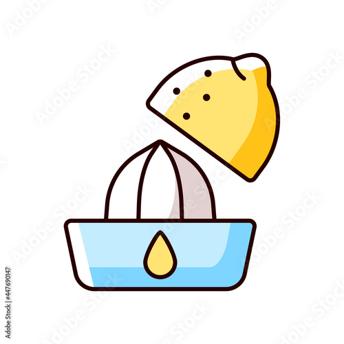 Squeeze lemon RGB color icon. Making fresh juice for diet drink. Fruit squeezer. Cooking instruction. Food preparation process. Isolated vector illustration. Simple filled line drawing