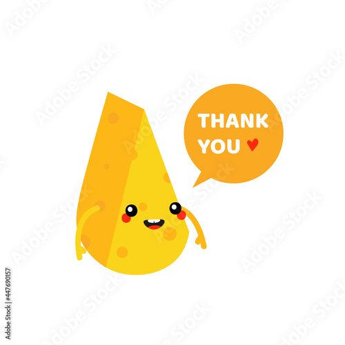 Cute smiling cartoon style cheese chunk, dairy product character with speech bubble saying thank you, showing appreciation, gratitude.