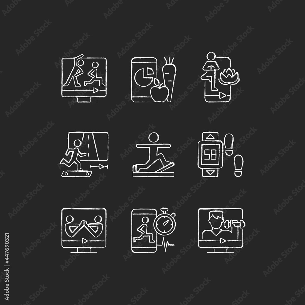 Online fitness classes chalk white icons set on dark background. Partner yoga tutorials. Virtual coaching. Gymnastic workouts. Nutrition tracker. Isolated vector chalkboard illustrations on black Online fitness classes chalk white icons set on dark background. Partner yoga tutorials. Virtual coaching. Gymnastic workouts. Nutrition tracker. Isolated vector chalkboard illustrations on black