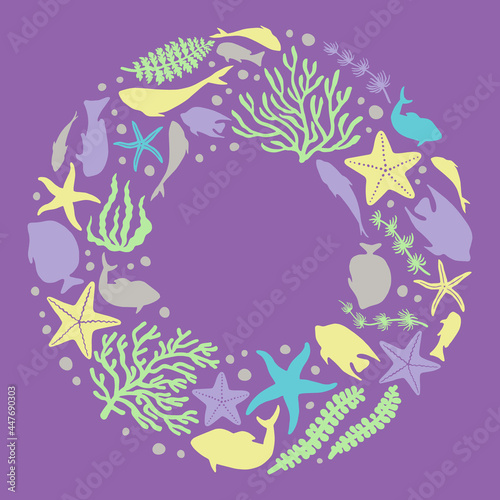 Abstract illustration of summer time concept. Flat vector illustration. Round wreath with marine objects. Underwater set of silhouettes. Fishes, seaweed, sea stars..