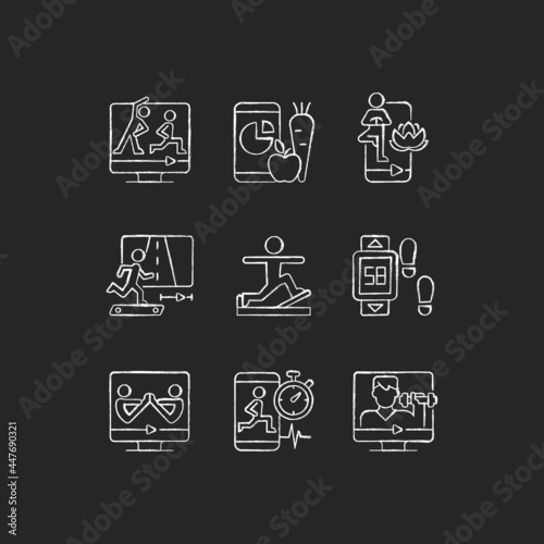 Online fitness classes chalk white icons set on dark background. Partner yoga tutorials. Virtual coaching. Gymnastic workouts. Nutrition tracker. Isolated vector chalkboard illustrations on black