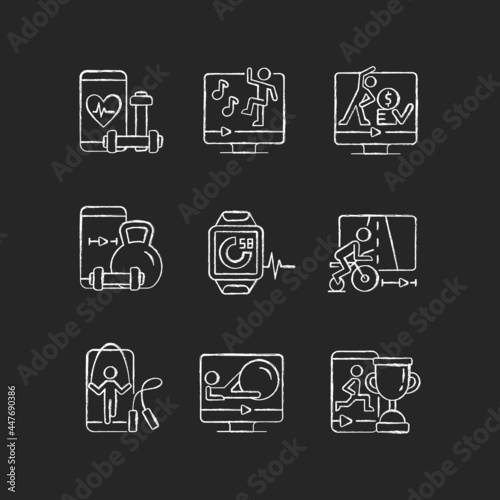 Online fitness training apps chalk white icons set on dark background. Workout subscription. Aerobic classes. Virtual dancing and jumping. Isolated vector chalkboard illustrations on black