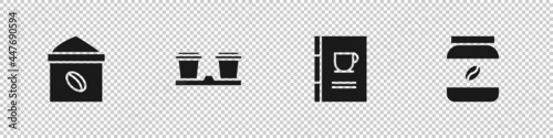 Set Bag of coffee beans, Coffee cup to go, book and jar bottle icon. Vector