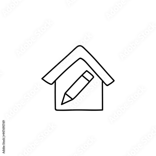 House design, house drawing sketch icon in flat black line style, isolated on white background 