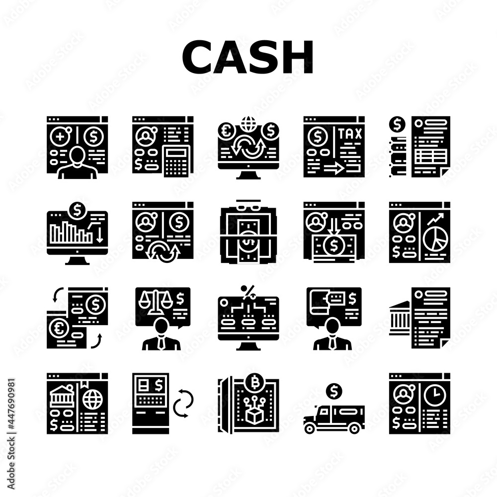 Cash Services Bank Collection Icons Set Vector. Opening Customer Account And Providing Information On Cash Flow, Money Transaction And Currency Glyph Pictograms Black Illustrations