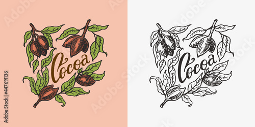 Cocoa leaves. Vintage badge or logo for t-shirts, typography, shop or signboards. Hand Drawn engraved sketch. Vector illustration.