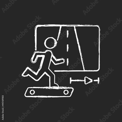Online fitness jogging chalk white icon on dark background. Running and travelling in virtual reality. Race experiment. Treadmill activities. Isolated vector chalkboard illustration on black