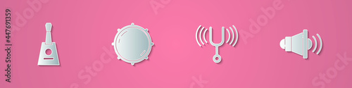 Set paper cut Balalaika, Dial knob level, Musical tuning fork and Speaker volume icon. Paper art style. Vector