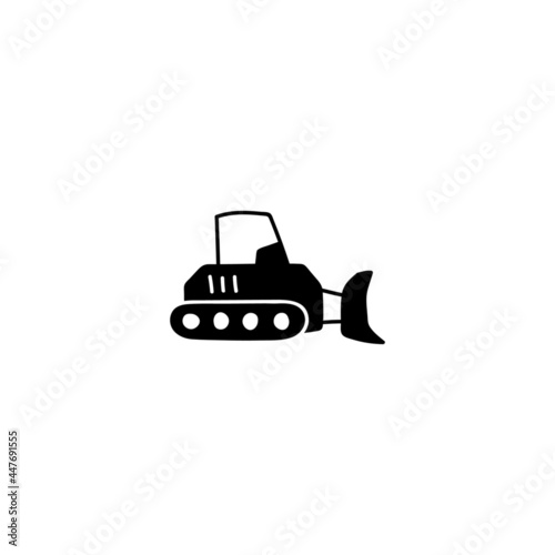bulldozer, construction machinery icon in solid black flat shape glyph icon, isolated on white background 