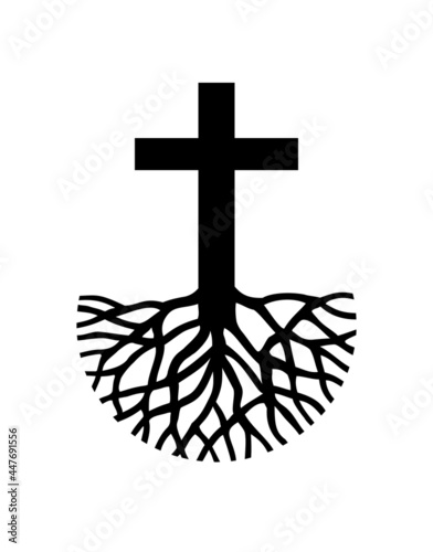 Rooted cross of Jesus Christ vector silhouette with roots.Believer.Church logo design.T shirt print.Christian baptist background.Poster.Vinyl wall sticker decal.Plotter laser cutting.DIY. Faith.Bible.