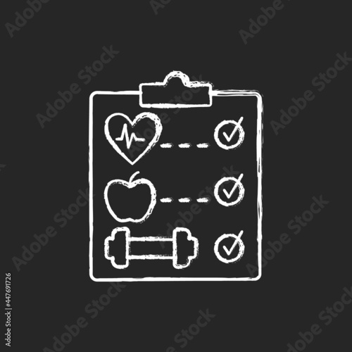 Wellness program chalk white icon on dark background. Online fitness challenges therapy. Health increasement. Smoking cessation. Weight loss education. Isolated vector chalkboard illustration on black photo