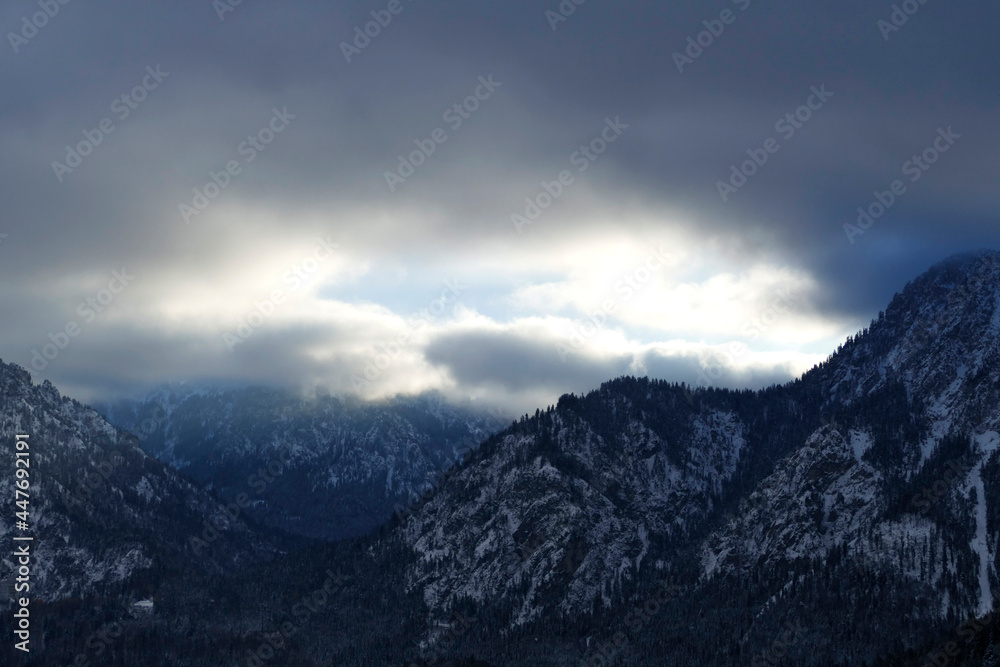 Mountain panorama at lake Alpsee in wintertime, Bavaria, Germany