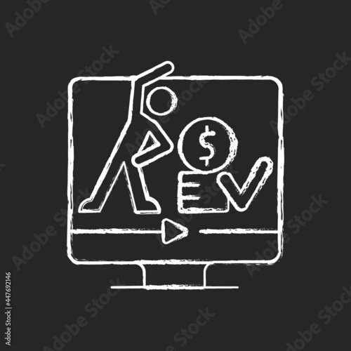 Online fitness workout subscription chalk white icon on dark background. Home working classes and programs. Virtual coaching skill improvement. Isolated vector chalkboard illustration on black