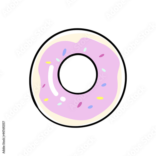 Donut in doodle style isolated on white background. Glazed delicious doughnut picture for t shirt print. Vector illustration.