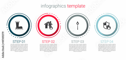Set Fire boots, in burning house, Burning match with fire and protection shield. Business infographic template. Vector