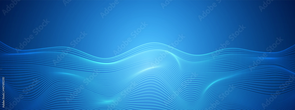 Obraz premium Abstract blue technology distorted lines design, digital network background, wavy surface, vector communication concept, blank space