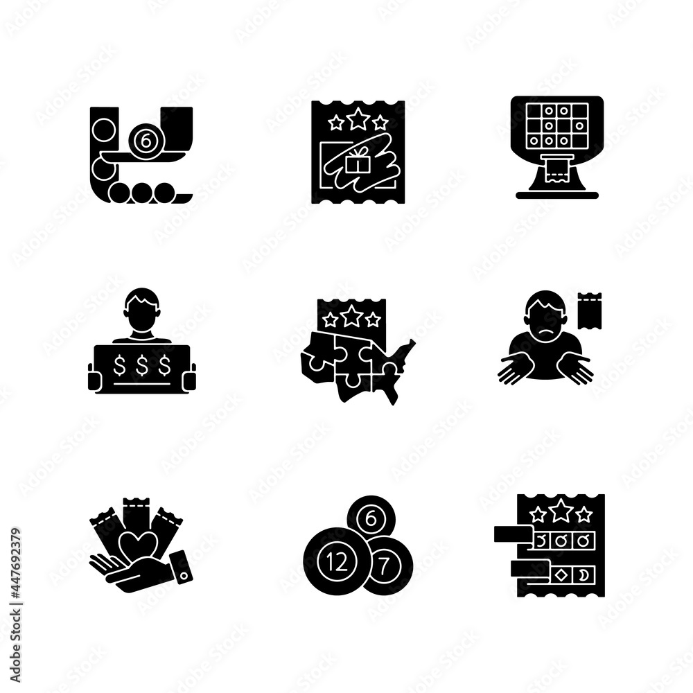 Lottery games types black glyph icons set on white space. Ball draw ...