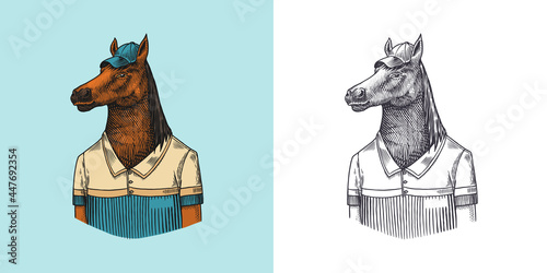 Horse character in coat. Dobbin polo player. Fashionable animal, vitorian gentleman in a jacket. Hand drawn Engraved old monochrome sketch. Vector illustration for t-shirt, tattoo or badge or print