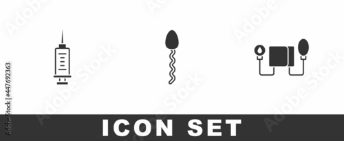 Set Syringe, Sperm and Blood pressure icon. Vector