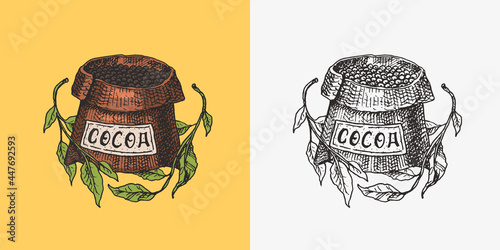 Cocoa Beans, Grains and bag. Vintage badge or logo for t-shirts, typography, shop or signboards. Hand Drawn engraved sketch. Vector illustration.