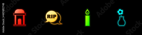 Set Old crypt, Speech bubble rip death, Burning candle and Flower vase icon. Vector