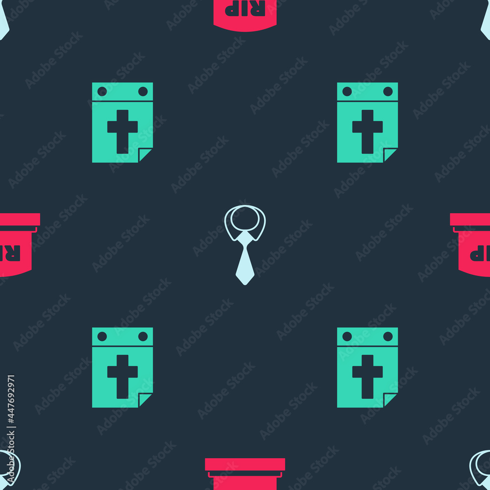 Fototapeta premium Set Tombstone with RIP written, Tie and Calendar death on seamless pattern. Vector