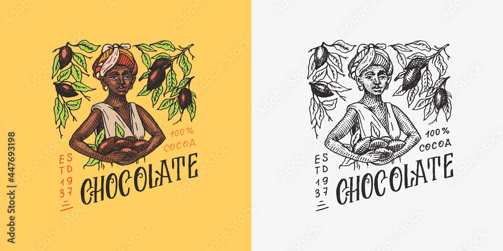 Woman harvested cocoa beans. Chocolate grains. Vintage badge or logo for t-shirts, typography, shop or signboards. Hand Drawn engraved sketch. Vector illustration.