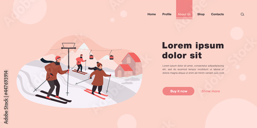 Happy family skiing in mountains. People spending winter vacation at ski resort with elevator and cottages. Vector illustration for activity, lifestyle, sport concept