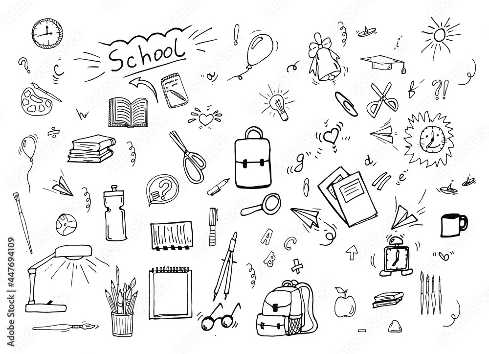 Naklejka premium Doodle icons set. Business subjects and schools. Back to school with hand drawn school supplies - big set. Doodle and school items collection. Education concept. 