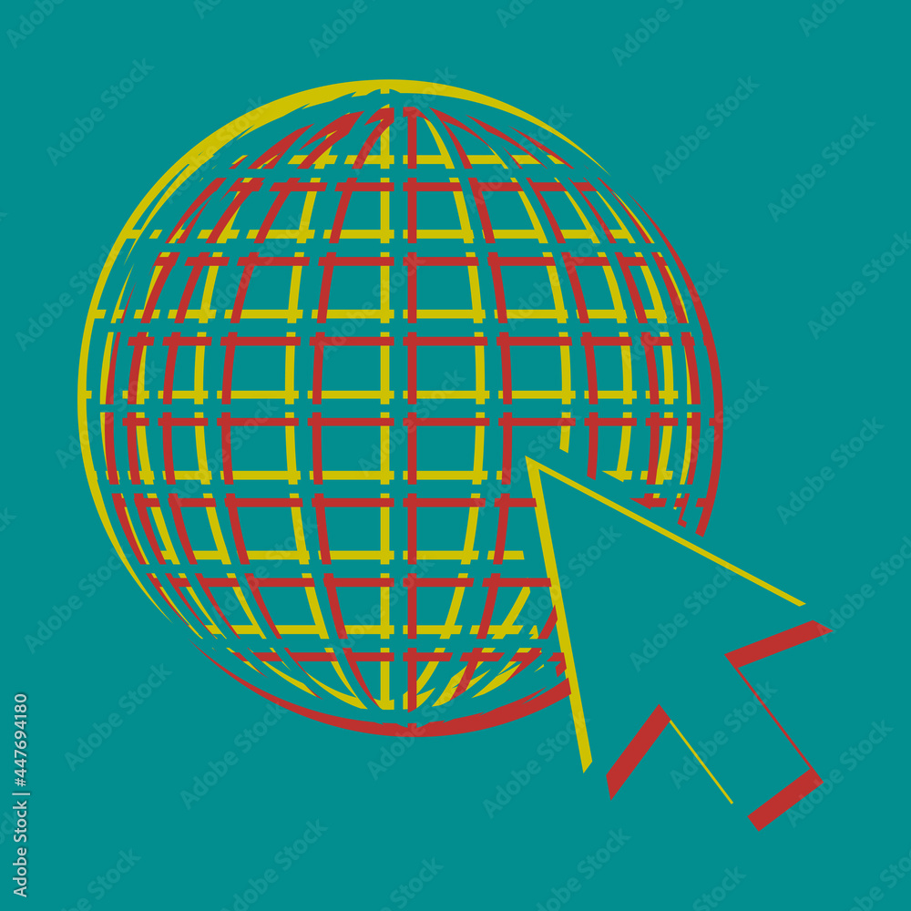Earth Globe with cursor. Pseudo 3d embossed icon with citrine and persian red colors on dark cyan background. Illustration. Earth Globe with cursor. Pseudo 3d embossed icon with citrine and persian red colors on dark cyan background. Illustration.