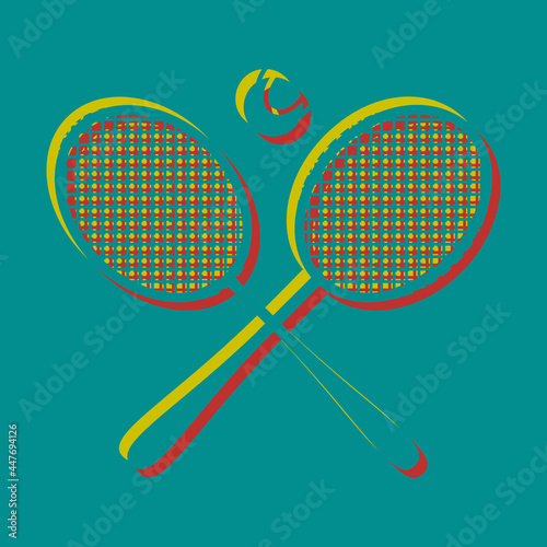 Two tennis racket with ball sign. Pseudo 3d embossed icon with citrine and persian red colors on dark cyan background. Illustration.