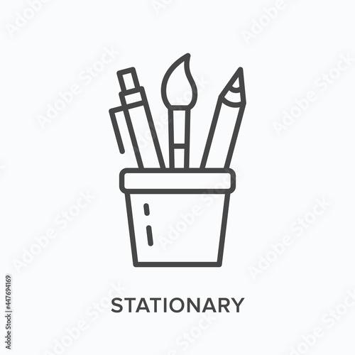 Stationery flat line icon. Vector outline illustration of pen, pencil and brush. Black thin linear pictogram for education supply