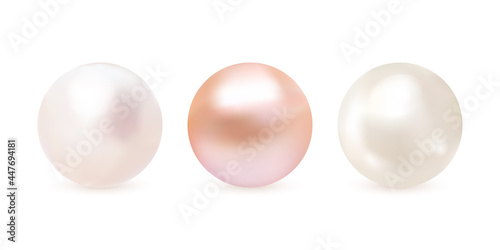 Pearl set isolated on transparent background. Spherical beautiful 3D orb with transparent glares and highlights. Jewel gems. Vector.